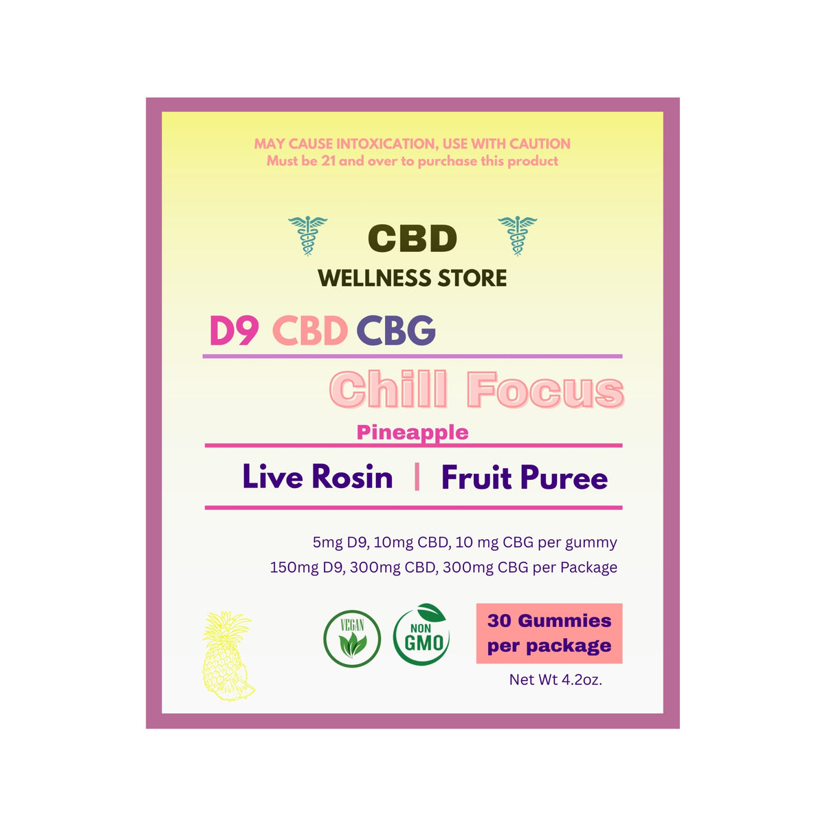 CBD Wellness Store THC gummies packaging with text and branding on a light pink background