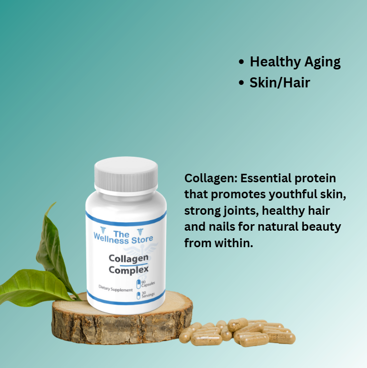 Collagen complex supplement bottle with text on a teal background
