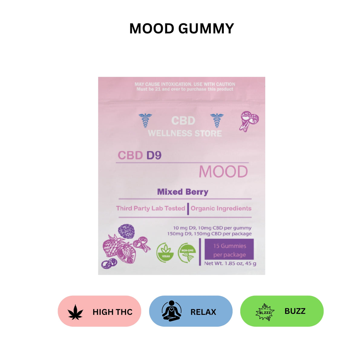 CBD Wellness Store Mood THC gummies packaging with berry illustrations on a light pink background