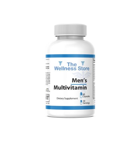 Men's multivitamin supplement bottle from The Wellness Store on a white background
