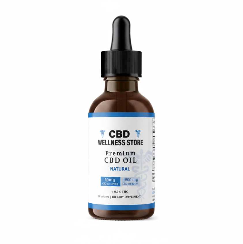 CBD Wellness Store premium 1500mg natural flavor full spectrum CBD oil bottle with dropper on a white background