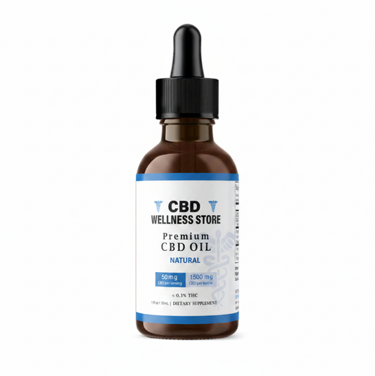 CBD Wellness Store premium 1500mg natural flavor full spectrum CBD oil bottle with dropper on a white background