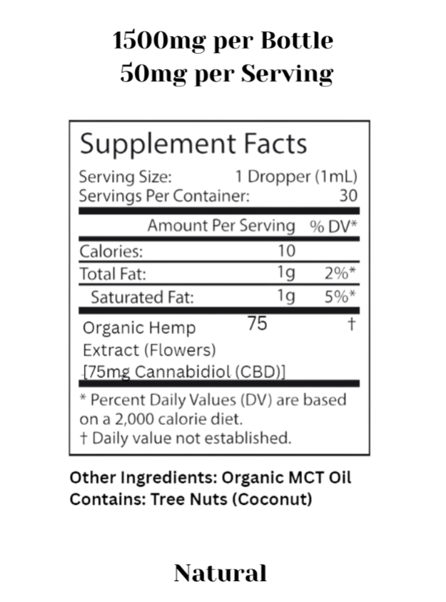 Natural flavor CBD label with CBD and MCT oil information on a white background