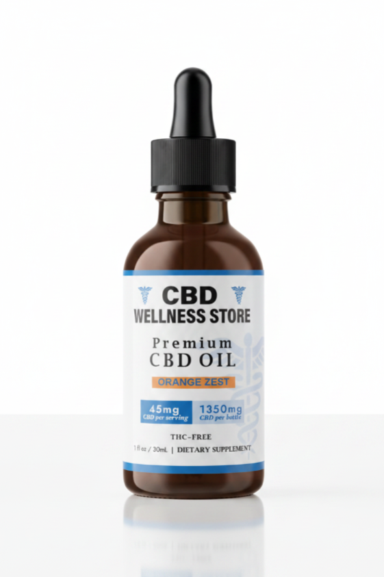 CBD Wellness Store premium Orange Zest CBD oil bottle on a white background