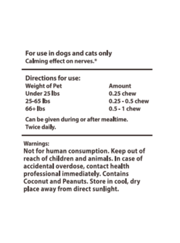 Pet Chews Product label with directions for use and warnings on a white background