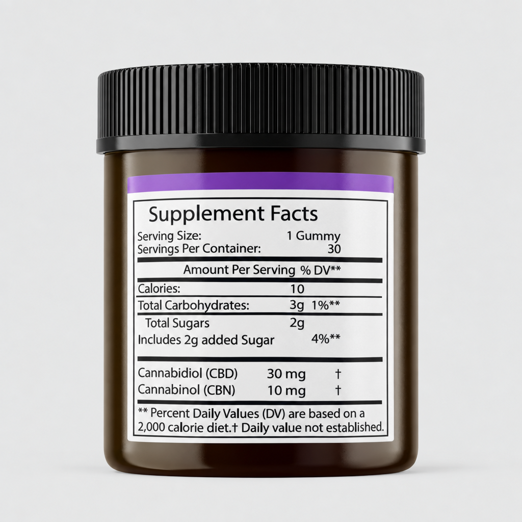 Amber sleep gummies jar with Supplement Facts label