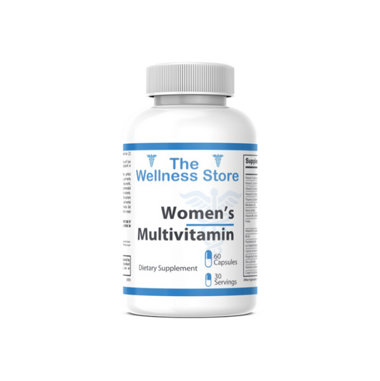 Bottle of women's multivitamin from The Wellness Store on a white background