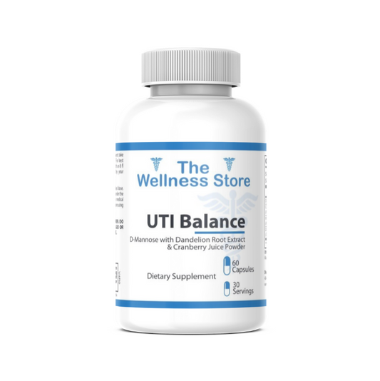 Supplement bottle labeled 'UTI Balance' from 'The Wellness Store' on a white background