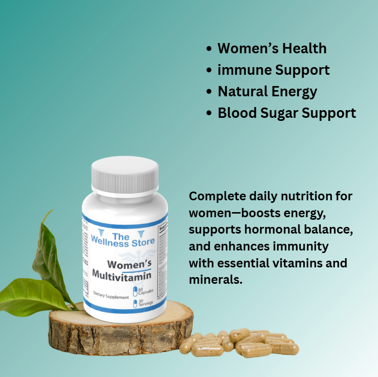 Women's multivitamin bottle with capsules on a wooden block against a teal background