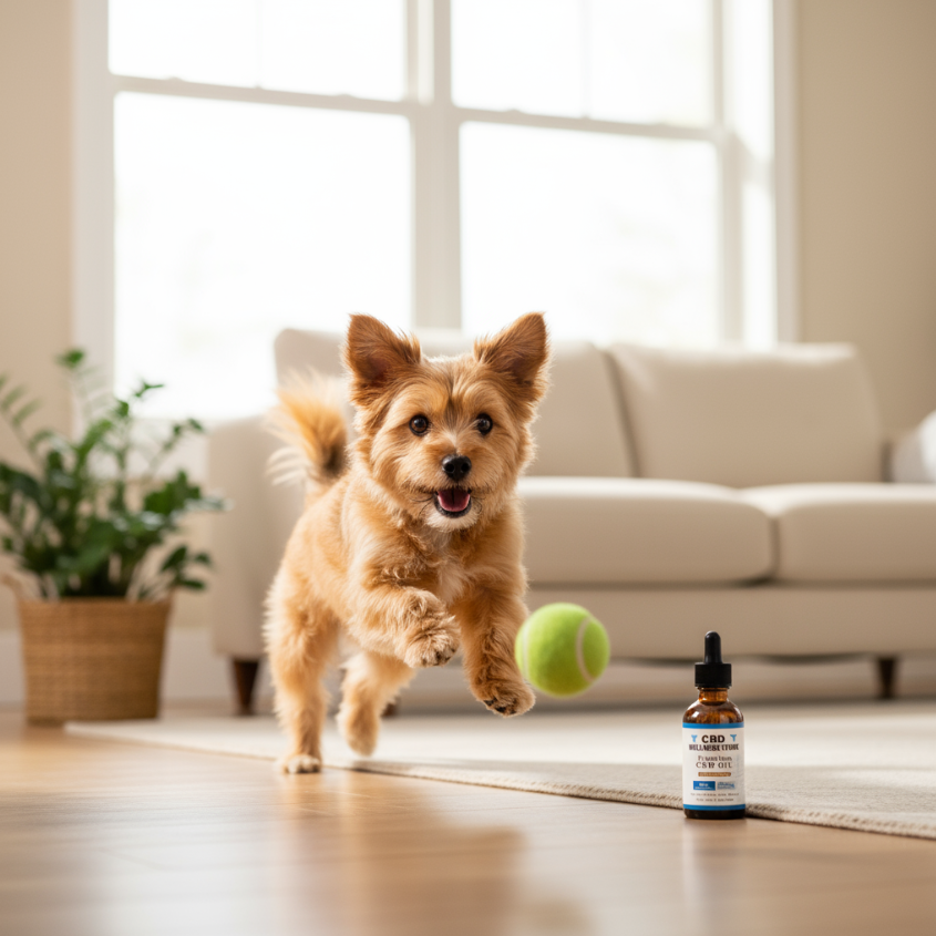 Dog running with a tennis ball in a living room next to a bottle of CBD oil.