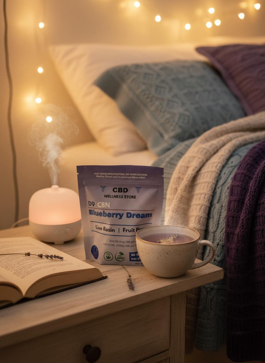 Blueberry Dream gummies in a bedroom setting