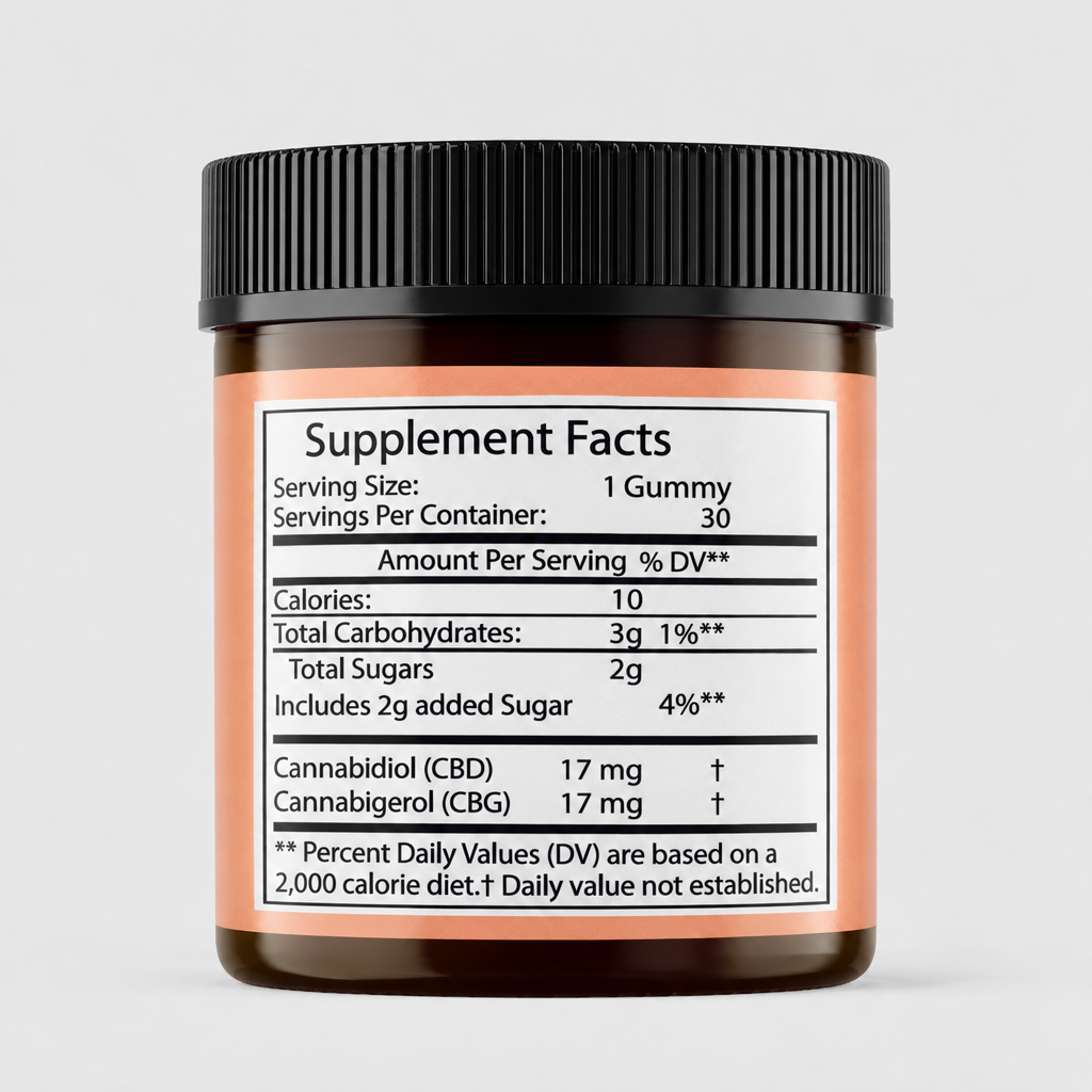 CBD and CBG Supplement Facts label on amber jar