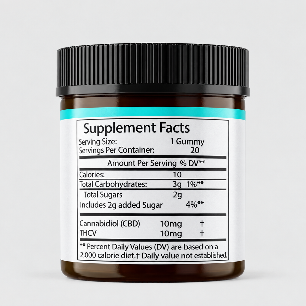CBD and THCV Supplement Facts label wrapped around an amber jar