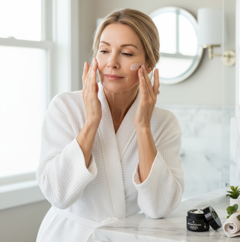 Woman applying CBD cream to her face in a bathroom setting