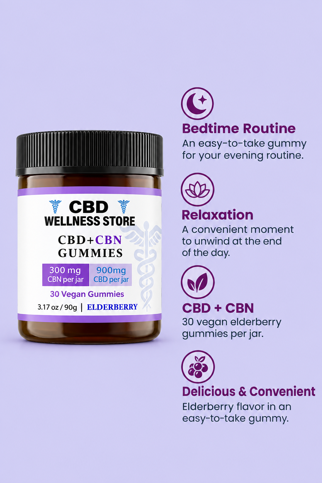 Elderberry CBD and CBN gummies benefits graphic