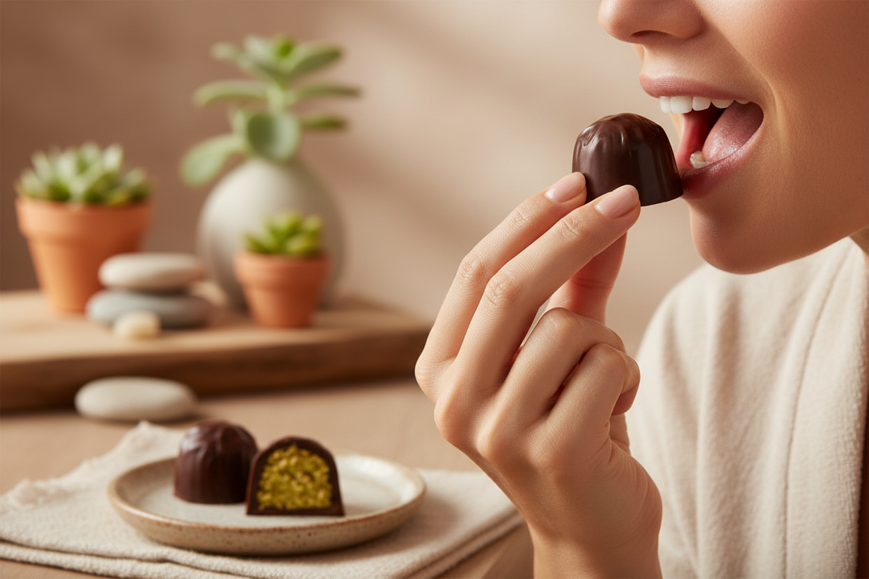 Person enjoying Dubai chocolate truffle