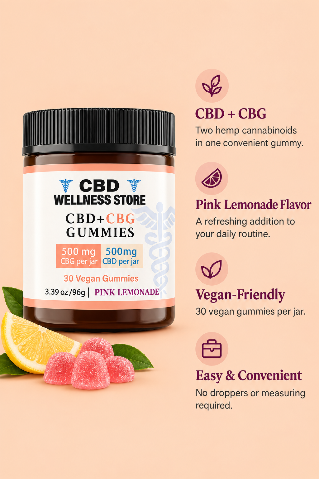Pink lemonade CBD and CBG gummies benefits graphic on a peach background
