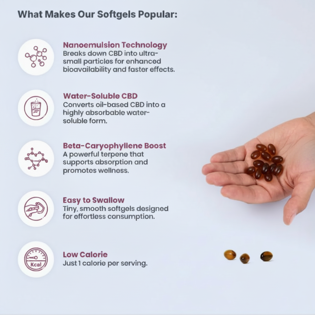 CBD softgels benefits infographic with one hand holding amber capsules, highlighting nanoemulsion technology, water-soluble CBD, beta-caryophyllene, easy-to-swallow softgels, and low-calorie serving