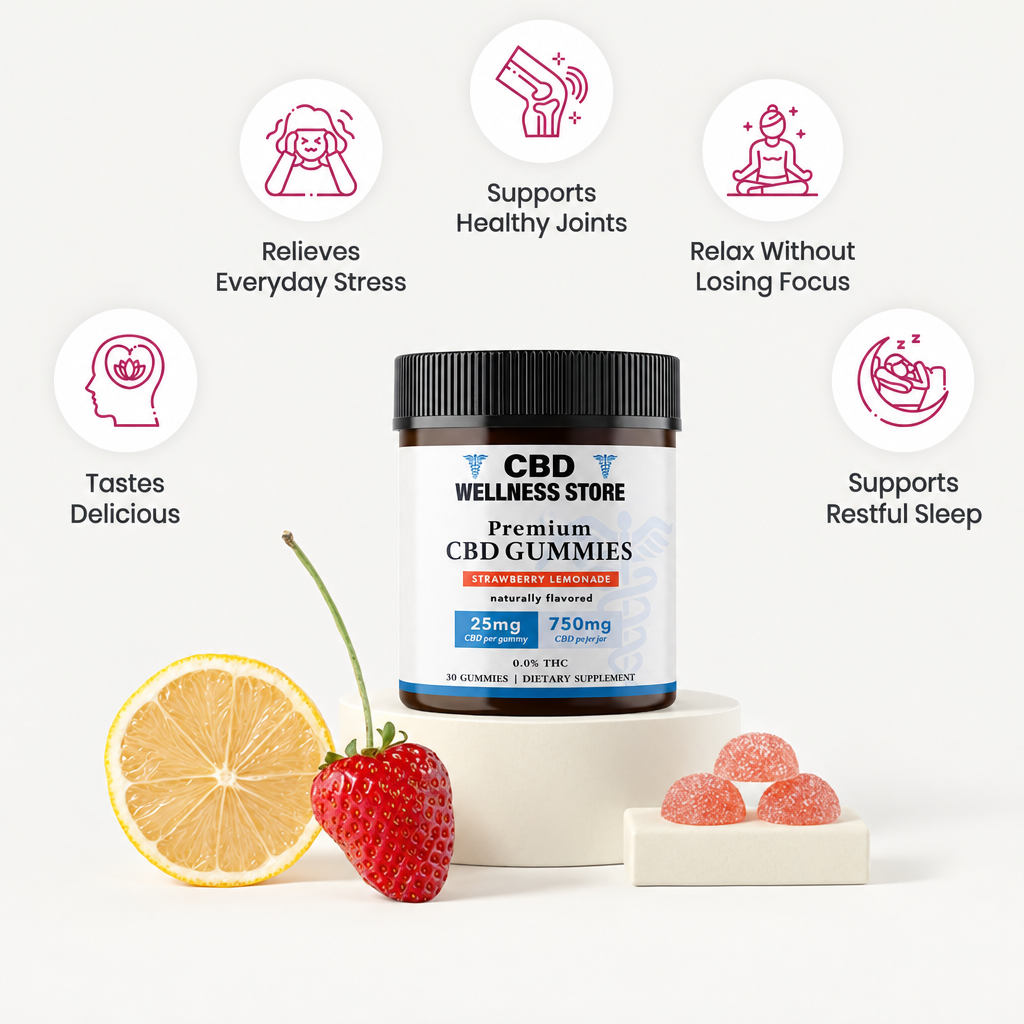 CBD Wellness Store strawberry lemonade CBD gummies jar, 25mg per gummy, beside a lemon slice, strawberry, and gummies on a white background.